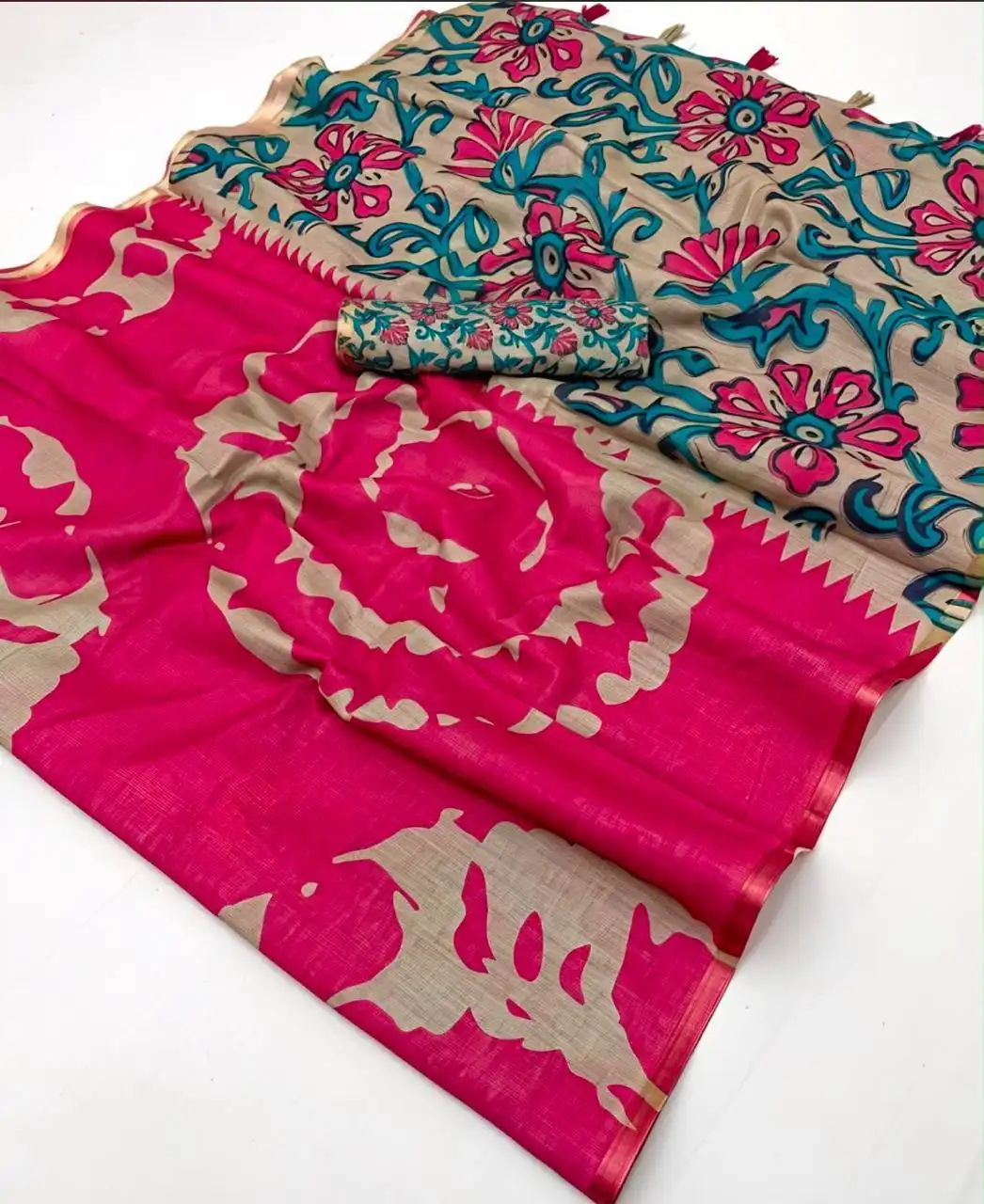 Linen Cotton All-Over Printed Contrast Pallu Saree